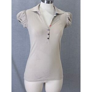 Burberry London Ruched Cap Sleeve Polo Top Beige Nova Check XS